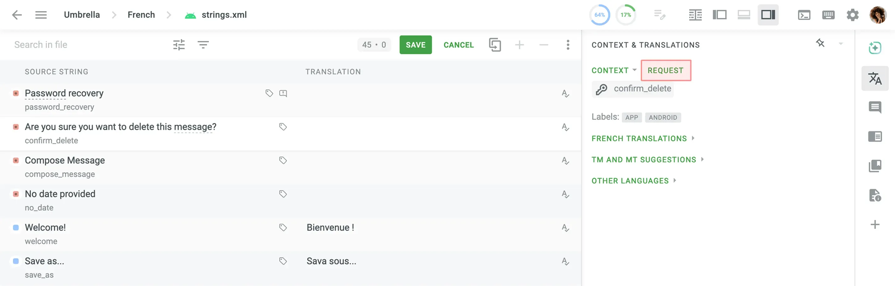 Request context button in Crowdin